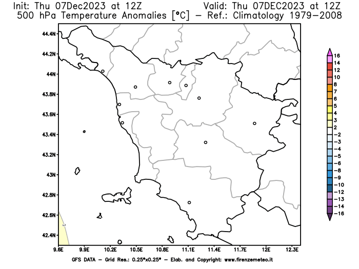 Mappa di analisi GFS - Anomalia Temperatura a 500 hPa in Toscana
							del 7 dicembre 2023 z12