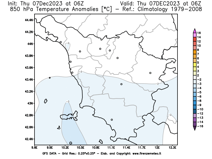 Mappa di analisi GFS - Anomalia Temperatura a 850 hPa in Toscana
							del 7 dicembre 2023 z06