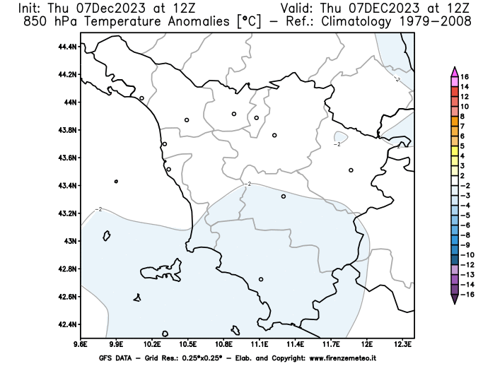 Mappa di analisi GFS - Anomalia Temperatura a 850 hPa in Toscana
							del 7 dicembre 2023 z12