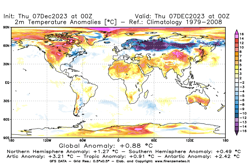 Mappa di analisi GFS - Anomalia Temperatura a 2 m in World
							del 7 dicembre 2023 z00