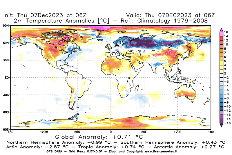 Mappa di analisi GFS - Anomalia Temperatura a 2 m in World
							del 7 dicembre 2023 z06