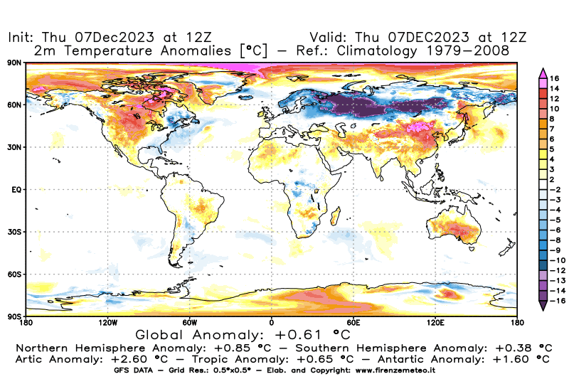 Mappa di analisi GFS - Anomalia Temperatura a 2 m in World
							del 7 dicembre 2023 z12