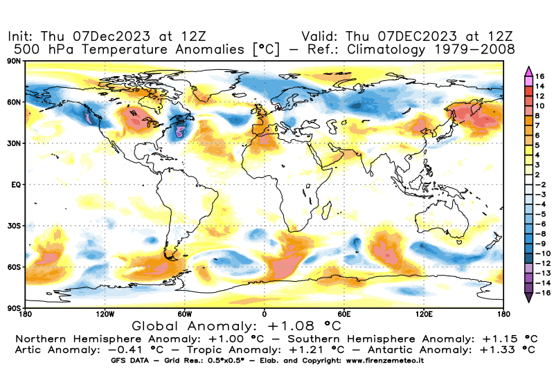Mappa di analisi GFS - Anomalia Temperatura a 500 hPa in World
							del 7 dicembre 2023 z12