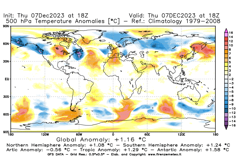 Mappa di analisi GFS - Anomalia Temperatura a 500 hPa in World
							del 7 dicembre 2023 z18
