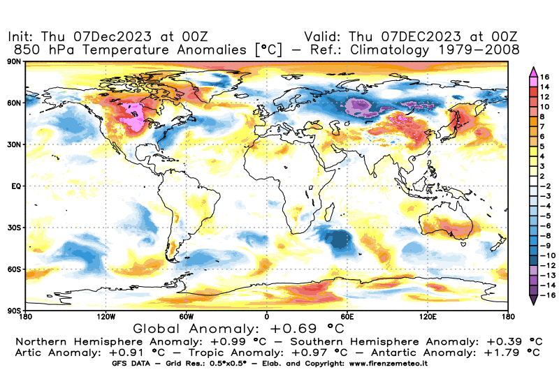 Mappa di analisi GFS - Anomalia Temperatura a 850 hPa in World
							del 7 dicembre 2023 z00