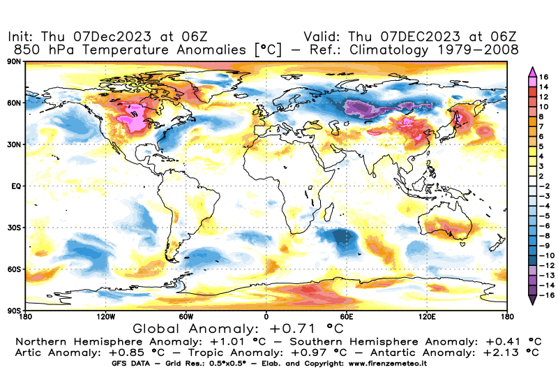 Mappa di analisi GFS - Anomalia Temperatura a 850 hPa in World
							del 7 dicembre 2023 z06