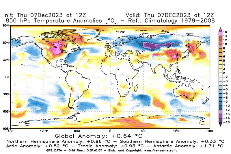 Mappa di analisi GFS - Anomalia Temperatura a 850 hPa in World
							del 7 dicembre 2023 z12