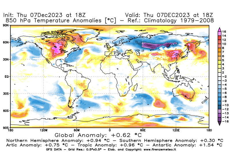 Mappa di analisi GFS - Anomalia Temperatura a 850 hPa in World
							del 7 dicembre 2023 z18