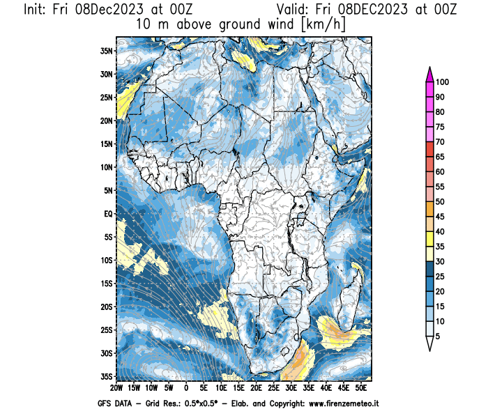 Mappa di analisi GFS - Velocità del vento a 10 metri dal suolo in Africa
							del 8 dicembre 2023 z00