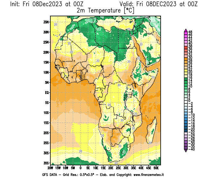 Mappa di analisi GFS - Temperatura a 2 metri dal suolo in Africa
							del 8 dicembre 2023 z00