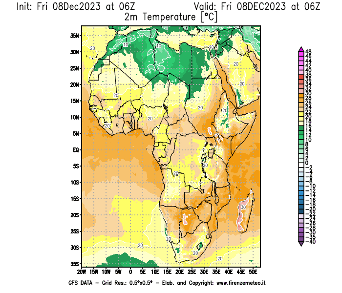 Mappa di analisi GFS - Temperatura a 2 metri dal suolo in Africa
							del 8 dicembre 2023 z06
