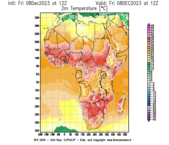 Mappa di analisi GFS - Temperatura a 2 metri dal suolo in Africa
							del 8 dicembre 2023 z12