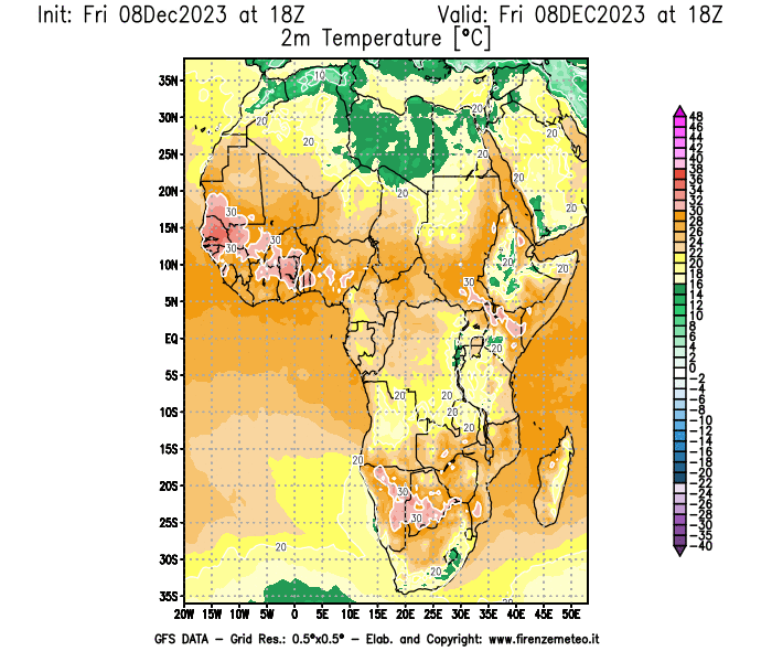Mappa di analisi GFS - Temperatura a 2 metri dal suolo in Africa
							del 8 dicembre 2023 z18