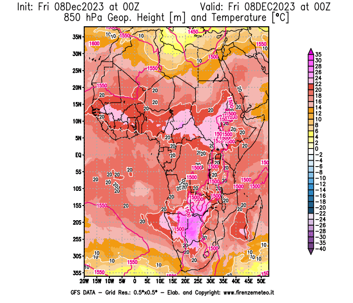 Mappa di analisi GFS - Geopotenziale e Temperatura a 850 hPa in Africa
							del 8 dicembre 2023 z00
