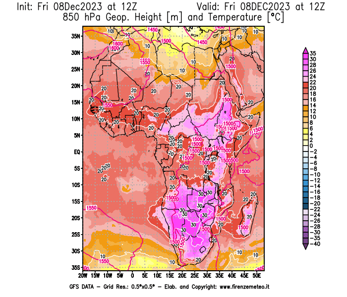 Mappa di analisi GFS - Geopotenziale e Temperatura a 850 hPa in Africa
							del 8 dicembre 2023 z12