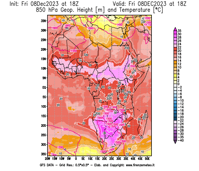 Mappa di analisi GFS - Geopotenziale e Temperatura a 850 hPa in Africa
							del 8 dicembre 2023 z18