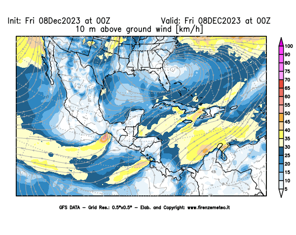 Mappa di analisi GFS - Velocità del vento a 10 metri dal suolo in Centro-America
							del 8 dicembre 2023 z00