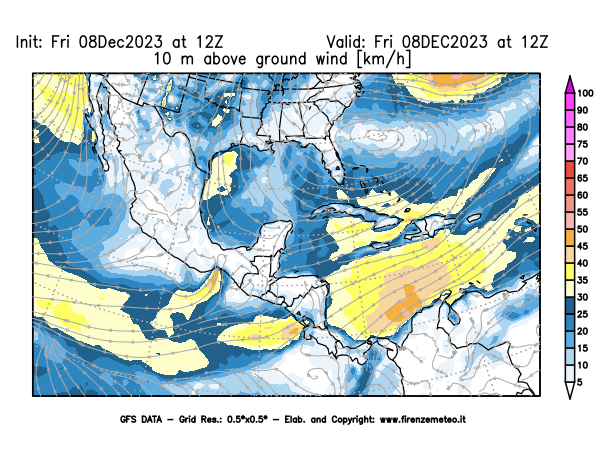 Mappa di analisi GFS - Velocità del vento a 10 metri dal suolo in Centro-America
							del 8 dicembre 2023 z12