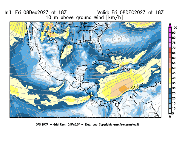 Mappa di analisi GFS - Velocità del vento a 10 metri dal suolo in Centro-America
							del 8 dicembre 2023 z18