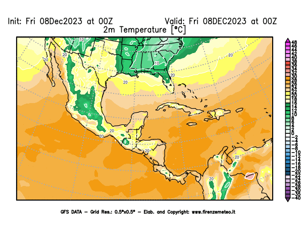 Mappa di analisi GFS - Temperatura a 2 metri dal suolo in Centro-America
							del 8 dicembre 2023 z00