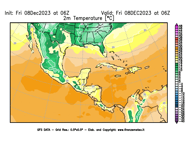 Mappa di analisi GFS - Temperatura a 2 metri dal suolo in Centro-America
							del 8 dicembre 2023 z06