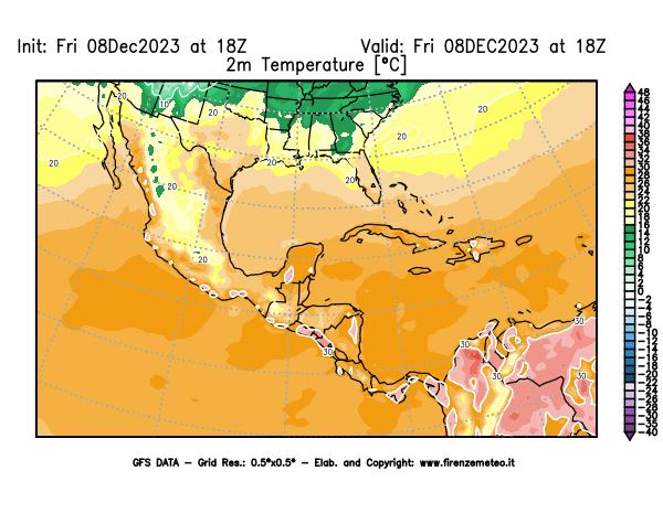 Mappa di analisi GFS - Temperatura a 2 metri dal suolo in Centro-America
							del 8 dicembre 2023 z18