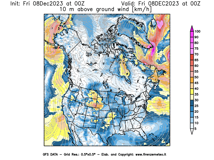 Mappa di analisi GFS - Velocità del vento a 10 metri dal suolo in Nord-America
							del 8 dicembre 2023 z00