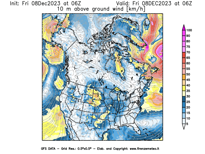 Mappa di analisi GFS - Velocità del vento a 10 metri dal suolo in Nord-America
							del 8 dicembre 2023 z06