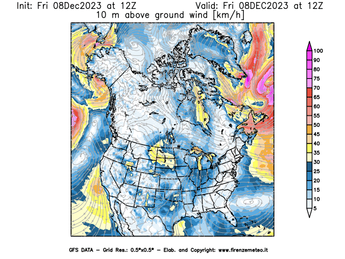Mappa di analisi GFS - Velocità del vento a 10 metri dal suolo in Nord-America
							del 8 dicembre 2023 z12