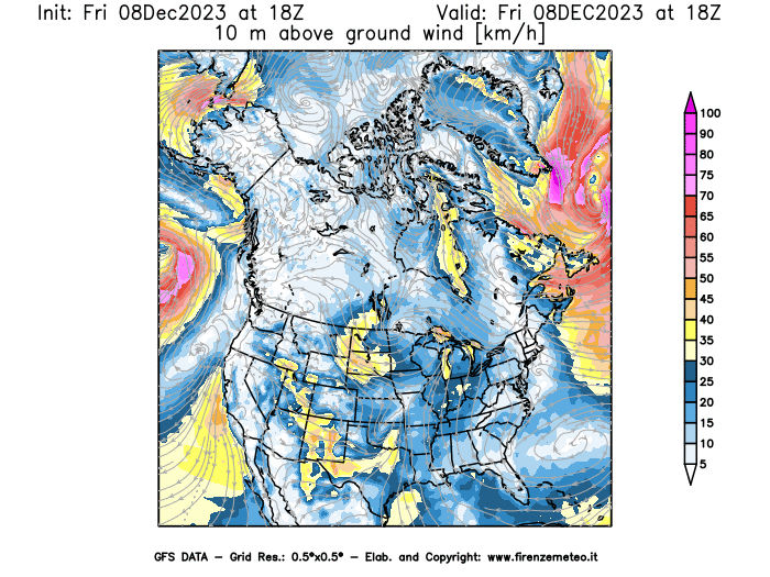 Mappa di analisi GFS - Velocità del vento a 10 metri dal suolo in Nord-America
							del 8 dicembre 2023 z18