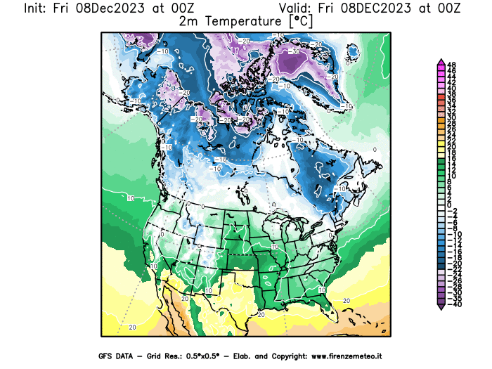 Mappa di analisi GFS - Temperatura a 2 metri dal suolo in Nord-America
							del 8 dicembre 2023 z00
