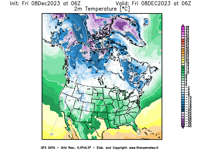 Mappa di analisi GFS - Temperatura a 2 metri dal suolo in Nord-America
							del 8 dicembre 2023 z06