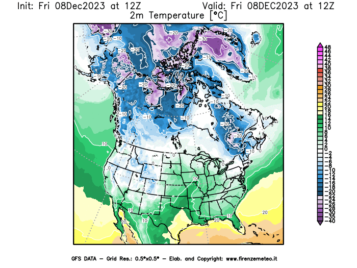 Mappa di analisi GFS - Temperatura a 2 metri dal suolo in Nord-America
							del 8 dicembre 2023 z12