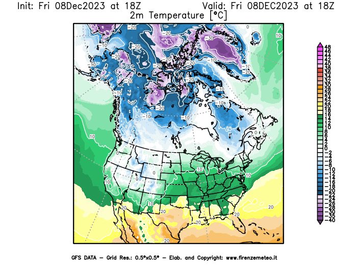 Mappa di analisi GFS - Temperatura a 2 metri dal suolo in Nord-America
							del 8 dicembre 2023 z18