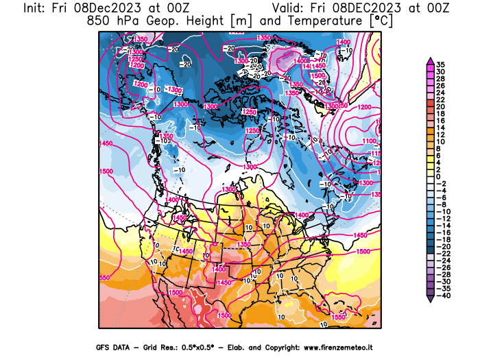 Mappa di analisi GFS - Geopotenziale e Temperatura a 850 hPa in Nord-America
							del 8 dicembre 2023 z00