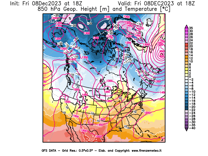 Mappa di analisi GFS - Geopotenziale e Temperatura a 850 hPa in Nord-America
							del 8 dicembre 2023 z18