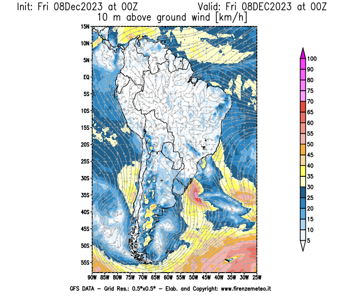 Mappa di analisi GFS - Velocità del vento a 10 metri dal suolo in Sud-America
							del 8 dicembre 2023 z00