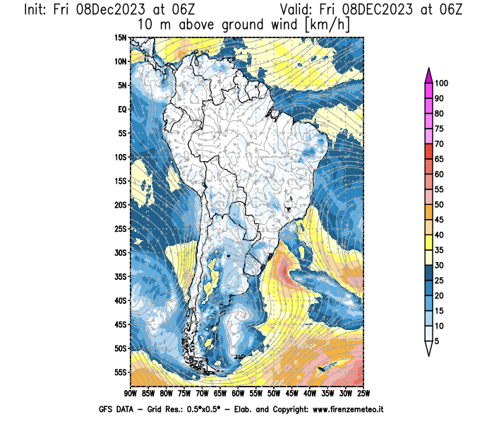 Mappa di analisi GFS - Velocità del vento a 10 metri dal suolo in Sud-America
							del 8 dicembre 2023 z06
