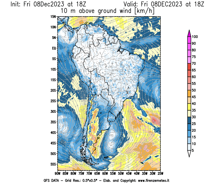 Mappa di analisi GFS - Velocità del vento a 10 metri dal suolo in Sud-America
							del 8 dicembre 2023 z18