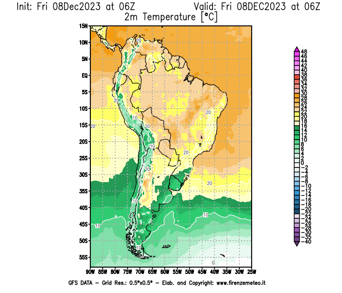 Mappa di analisi GFS - Temperatura a 2 metri dal suolo in Sud-America
							del 8 dicembre 2023 z06