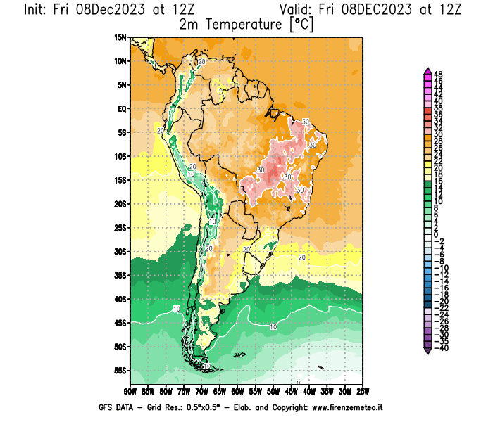 Mappa di analisi GFS - Temperatura a 2 metri dal suolo in Sud-America
							del 8 dicembre 2023 z12
