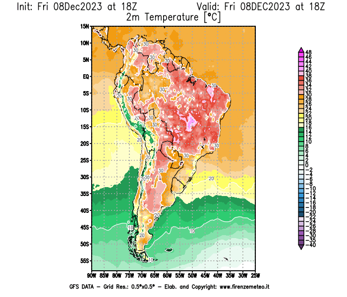 Mappa di analisi GFS - Temperatura a 2 metri dal suolo in Sud-America
							del 8 dicembre 2023 z18