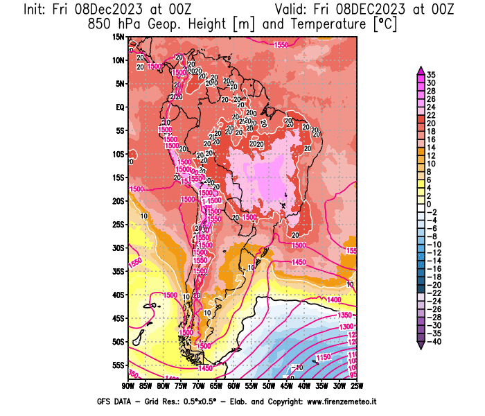 Mappa di analisi GFS - Geopotenziale e Temperatura a 850 hPa in Sud-America
							del 8 dicembre 2023 z00