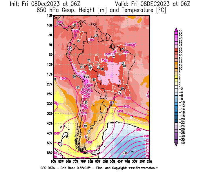 Mappa di analisi GFS - Geopotenziale e Temperatura a 850 hPa in Sud-America
							del 8 dicembre 2023 z06