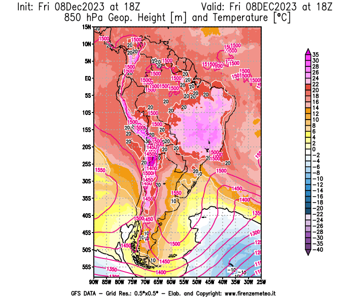 Mappa di analisi GFS - Geopotenziale e Temperatura a 850 hPa in Sud-America
							del 8 dicembre 2023 z18