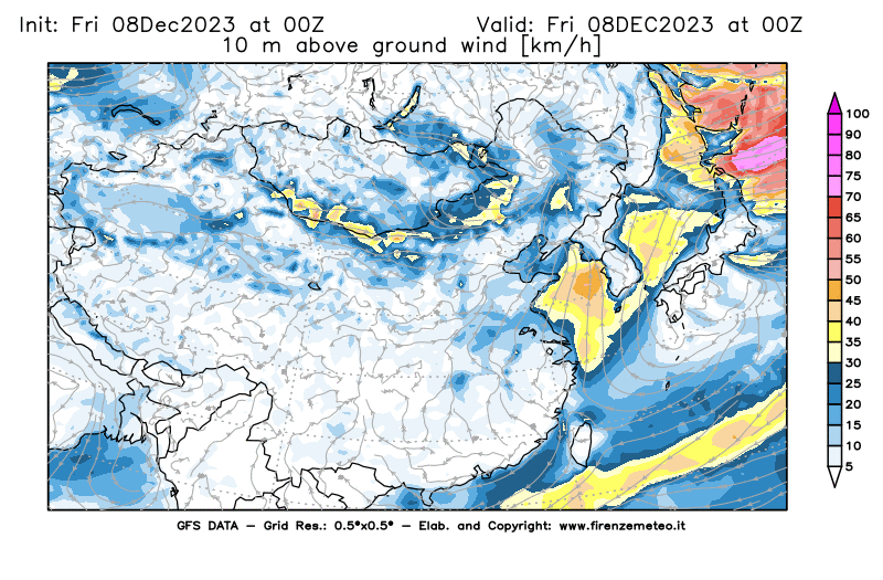 Mappa di analisi GFS - Velocità del vento a 10 metri dal suolo in Asia Orientale
							del 8 dicembre 2023 z00