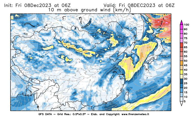 Mappa di analisi GFS - Velocità del vento a 10 metri dal suolo in Asia Orientale
							del 8 dicembre 2023 z06