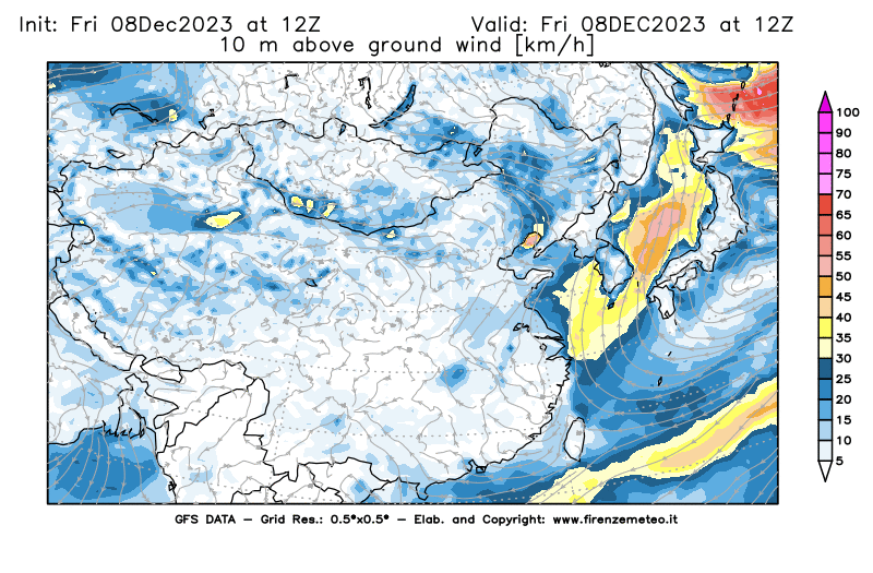 Mappa di analisi GFS - Velocità del vento a 10 metri dal suolo in Asia Orientale
							del 8 dicembre 2023 z12