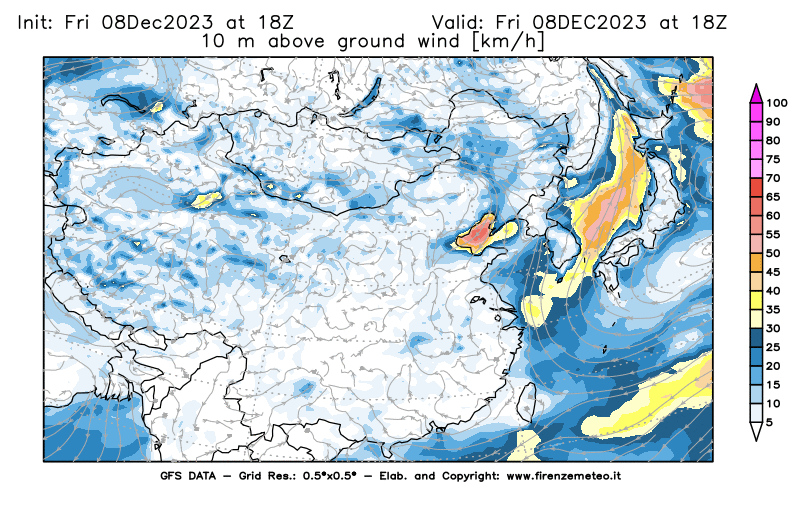 Mappa di analisi GFS - Velocità del vento a 10 metri dal suolo in Asia Orientale
							del 8 dicembre 2023 z18