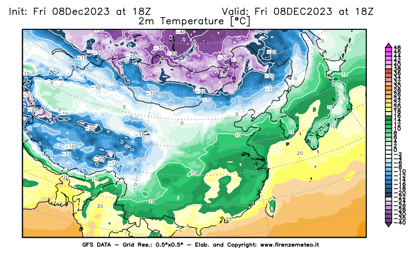 Mappa di analisi GFS - Temperatura a 2 metri dal suolo in Asia Orientale
							del 8 dicembre 2023 z18